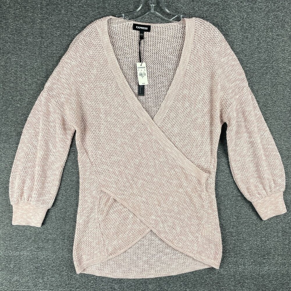 Express Sweater Womens Size M Pink Faux Wrap Open Knit Beachy Work Office